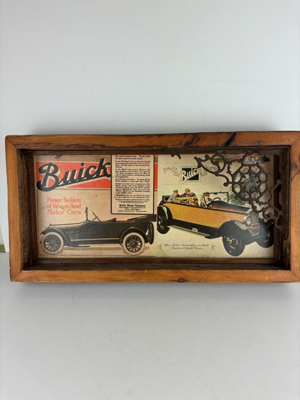 Handcrafted Mixed Media-Shadow Barnwood Box/VTG Buick Auto Ad/Cast Iron Corbel